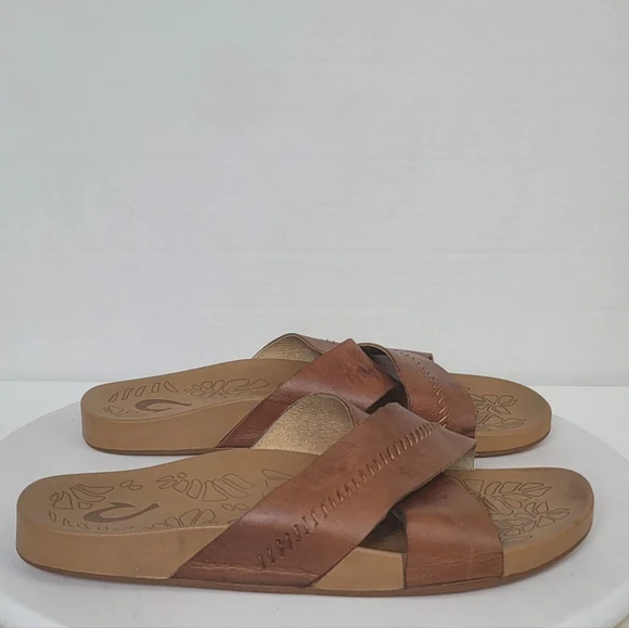 Olukai Kipe'a 'Olu Women's Leather Slide Boho Sahara Tan Beach Sandal 8 - Picture 5 of 16